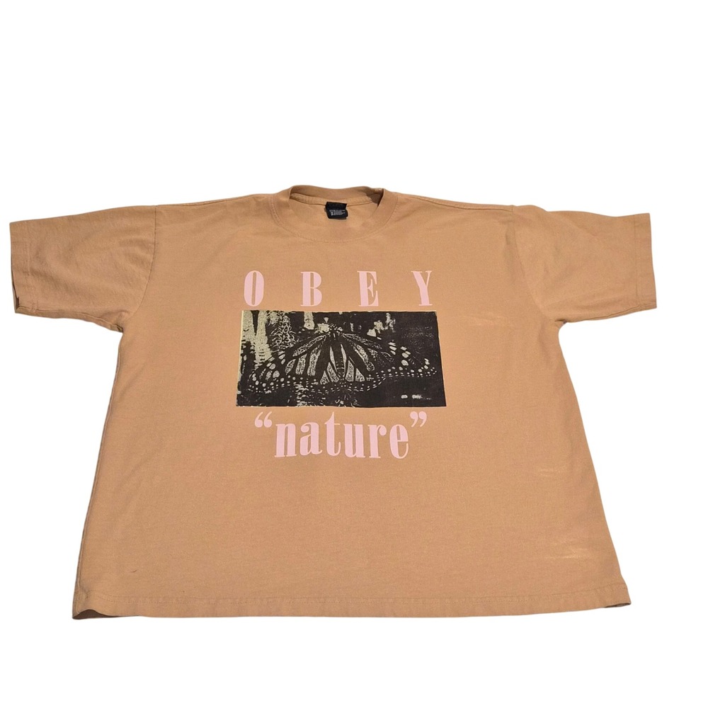 Obey Nature Butterfly Graphic T-Shirt Tan Mens XL Streetwear Cotton Tee